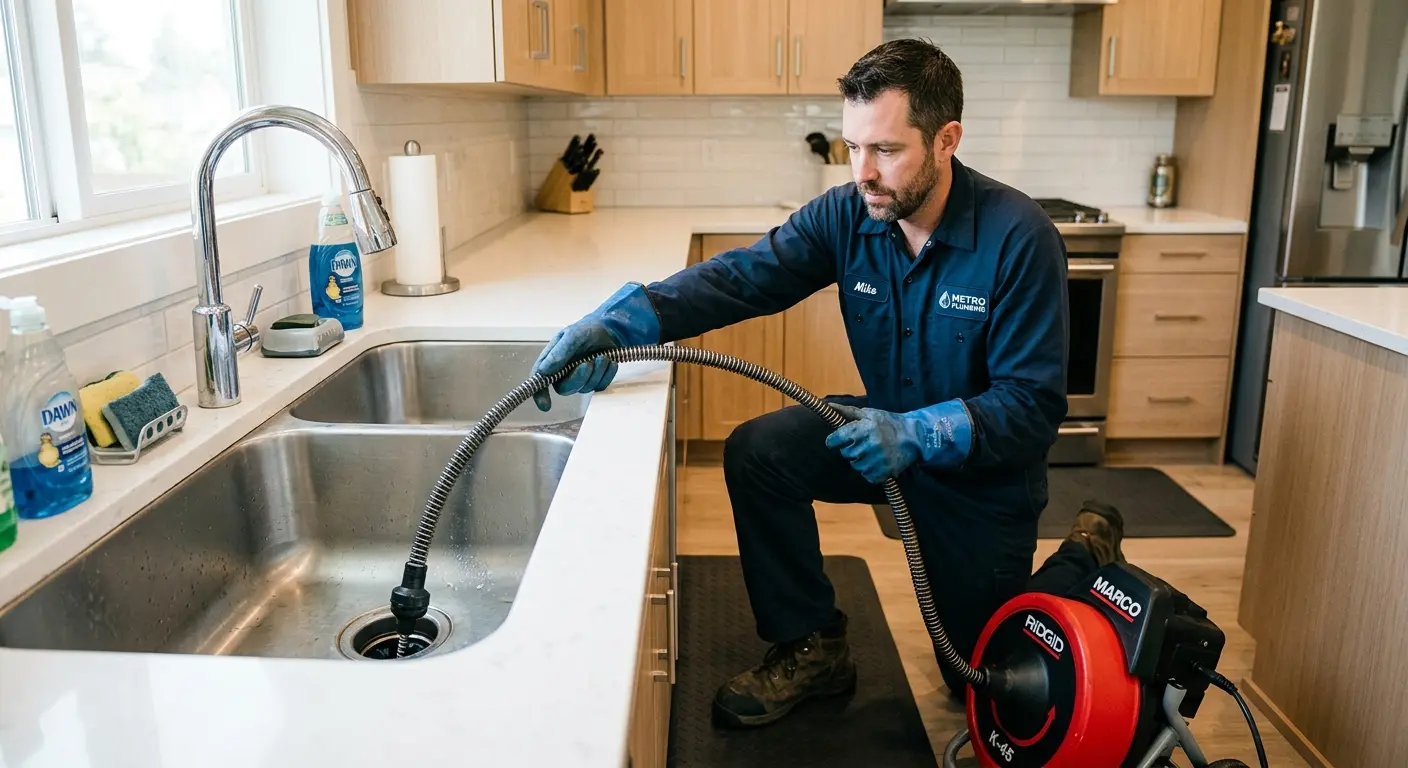 Drain cleaning technician using a motorized snake on a kitchen sink in Central Falls
