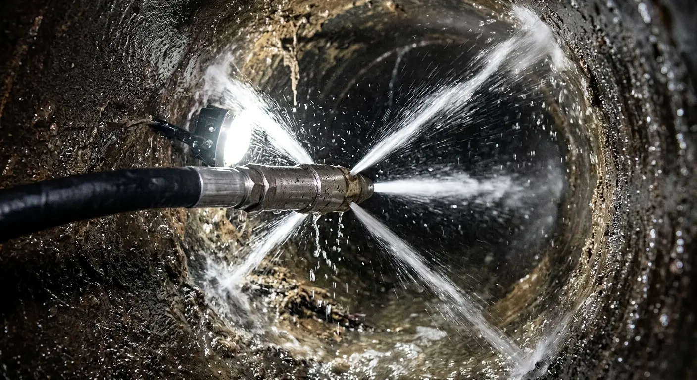 High-pressure hydro jetting nozzle cleaning sewer pipe for Trenchless Sewer Repair in Central Falls