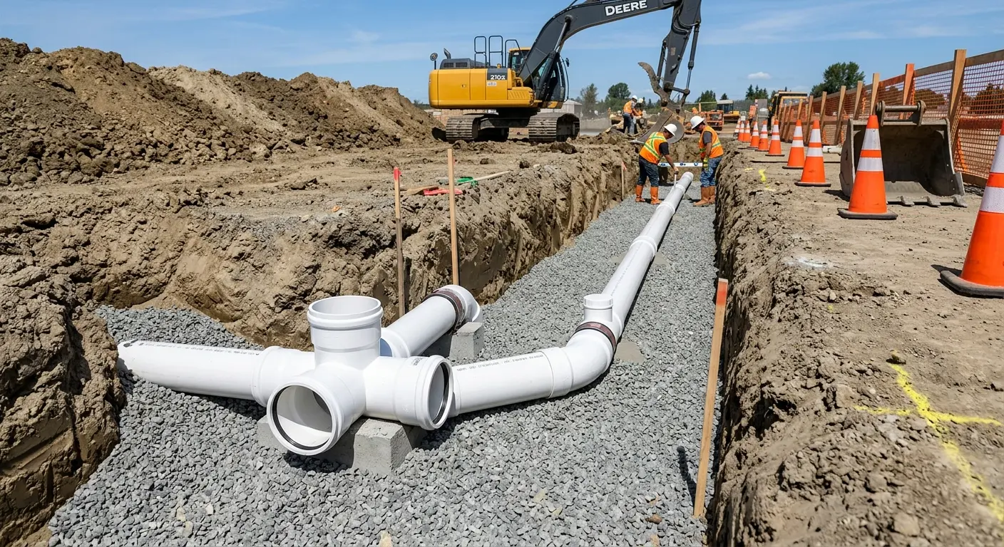 New PVC sewer pipe installation in open trench for Commercial Drain Cleaning in Central Falls
