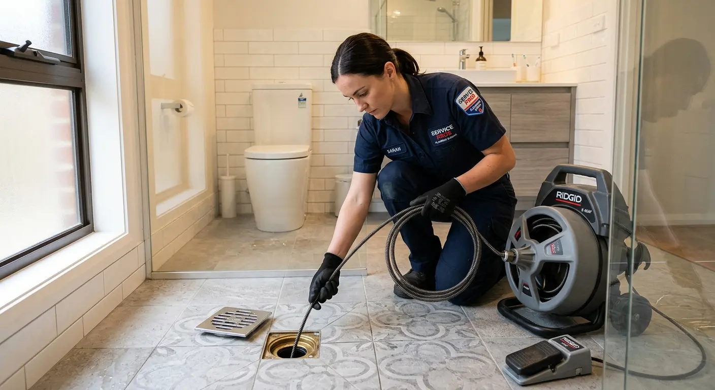 Technician clearing a bathroom floor drain for Hydro Jetting in Central Falls